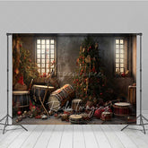 Aperturee - Aperturee Vintage Christmas Toy Room Photography Backdrop Rustic Workshop with Drums and Gifts Holiday Studio Photo Prop